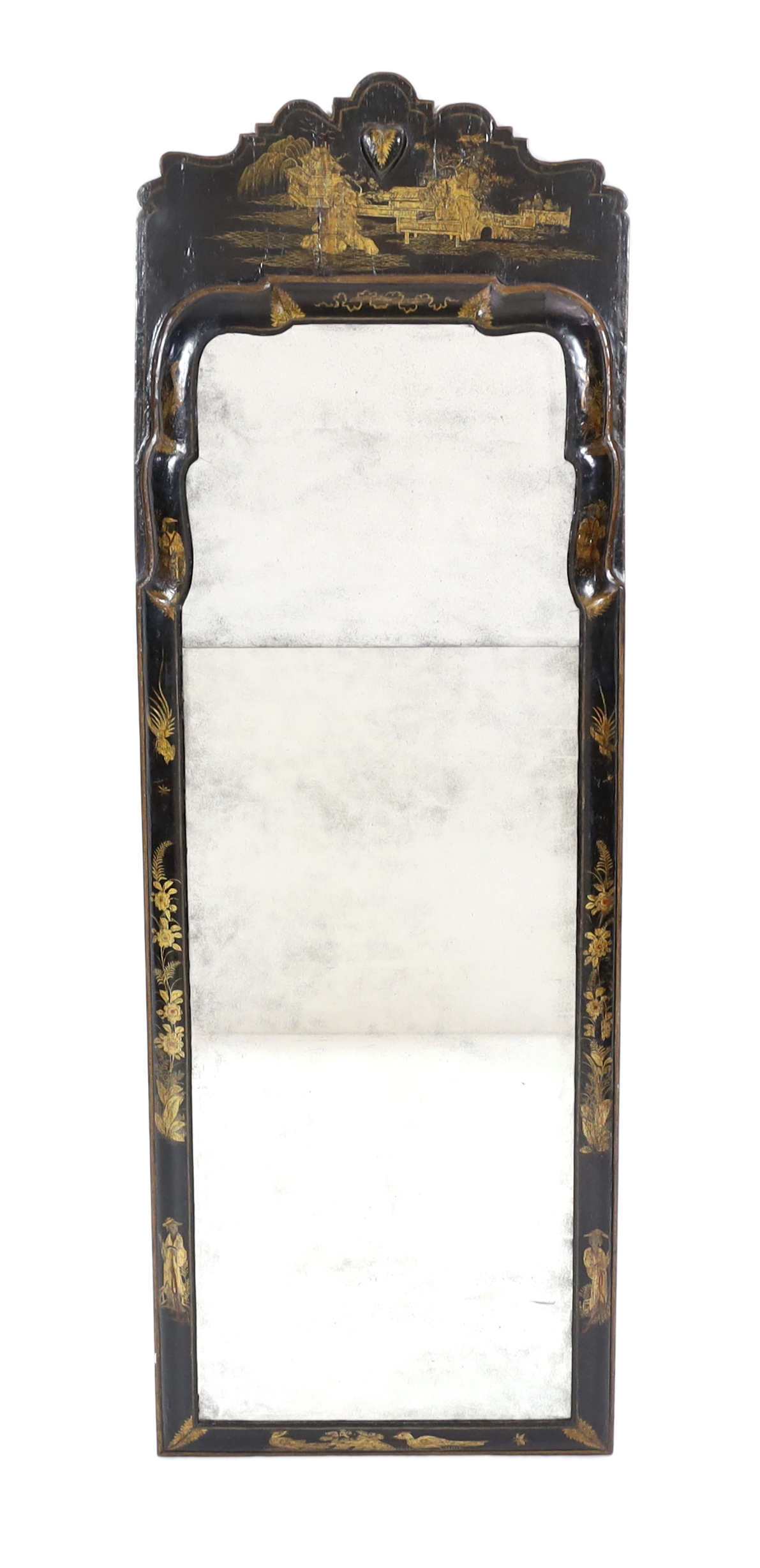 A William and Mary cushion framed lacquer pier mirror, 51cm wide, 151cm high